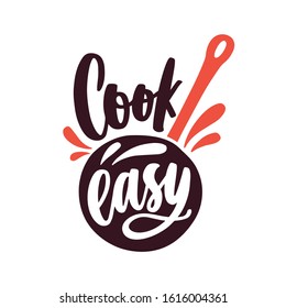 Cook fácil etiqueta de ilustración plana vectorial de escuela culinaria. Logo de las clases de cocina en cuchara de dibujos animados aislados de fondo blanco. Preparación de alimentos y utensilios de cocina logotipo creativo.