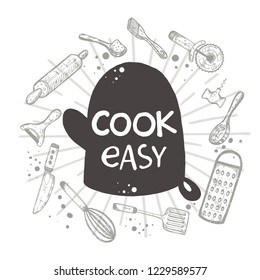 Cook easy. Motivational slogan concept design. Hand drawn vector illustration. Can be used for badges, labels, logo, bakery, street festival, country fair, shop, kitchen classes, food studio.