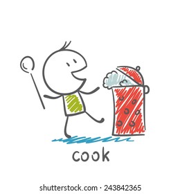 cook eats porridge illustration