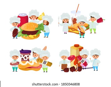 Cook fast food, child make dinner meal at kitchen vector illustration. Cartoon cooking children, restaurant chef kid and delicious lunch snack. Boy girl character near hanburger, hotdog at plate.