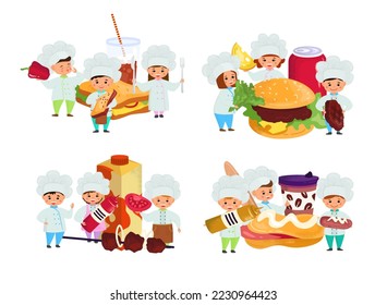 Cook fast food, child make dinner meal at kitchen vector illustration. Cartoon cooking children, restaurant chef kid and delicious lunch snack.