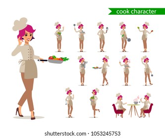 Cook female character vector design. Animate personage. Set of fun cartoon person. Isolated on white background.