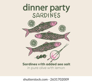Cook fish for dinner. Seafood t shirt design. Canned fish artwork. Sardines fish artwork for t shirt print, poster, sticker and other uses. Fish digital painting.