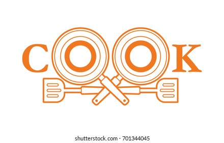 Cook font design with pan and spatula outline graphic vector