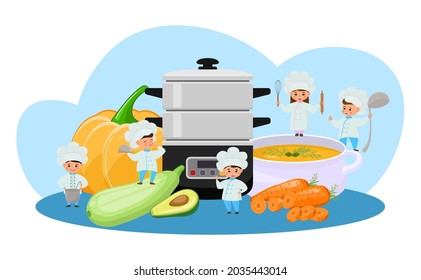 Cook food by steamer, vector illustration. Girl boy character use kitchen equipment, tool for making healthy cuisine. Pumpkin, zucchini, avocado
