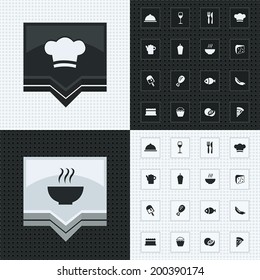 Cook, Food, Drink button and icon 3d styles set with pattern background