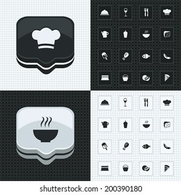 Cook, Food, Drink button and icon 3d styles set with pattern background