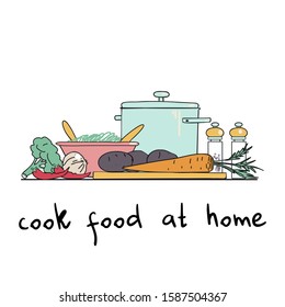 Cook food at home. Buy at local markets. Eat local regional foods. The concept of conscious consumption. Vector color illustration .