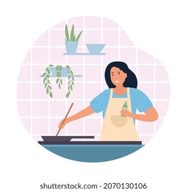 Cocina en casa. Hostales ocupados preparando la comida, conociendo a los huéspedes. Las niñas hacen las tareas domésticas, rutinarias, interiores. Feliz familia, la esposa prepara sorpresa para su esposo. Dibujo vectorial plano de dibujos animados