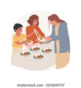 Cook food for homeless isolated cartoon vector illustration. Children cooking food for homeless together with parents, taking care of beggars, family life, personal growth vector cartoon.