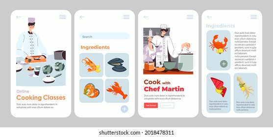 Cocine con una aplicación de clase culinaria en línea, ilustración vectorial. Cocina con un chef de cocina en casa, video tutorial en aplicación móvil, aterrizaje móvil. Lista de ingredientes para la receta.