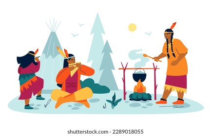 Cook food for the tribe - modern colored vector illustration on white background with forest landscape. Cherokee man plays a flute, woman making pottage over a fire, man repairs an igloo tent