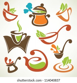 Cook food, vector collection of cooking equipment and food symbols