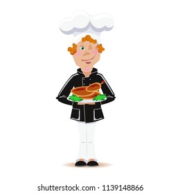 Cook with fried chicken on a plate
