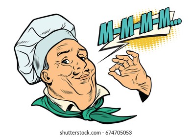 cook gesture of delicious sensations. The profession of chef in the kitchen. Pop art retro vector illustration