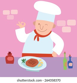 Cook gesture okay the finished dish a restaurant kitchen. Meat on the table chop. The chef is happy