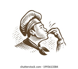 Cook gourmet logo. Chef prepares food. Sketch vintage vector illustration