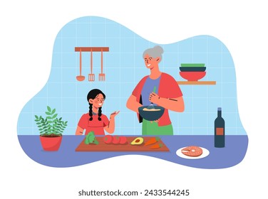 Cook with grandmother. Young girl with grandma at kitchen. Little helper and assistant. Food preparartion. Salad from fresh vegetables. Healthy eating with vitamins. Cartoon flat vector illustration
