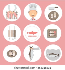 Cook ham,fish production Vector illustration in the circle