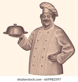 Cook. Hand drawn engraving. Vector vintage illustration. Isolated on white background. 8 EPS