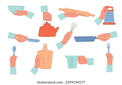 Cook hands hold set of cooking utensils. Kitchen objects for baking. Knives and forks, bowl and pans in arms. Preparing food tools and household equipment cartoon flat isolated vector set