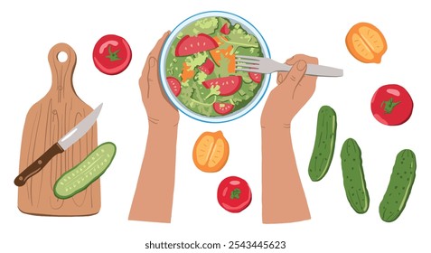 Cook hands preparing vegetable salad with vegetables as tomatoes, cucumbers, food ingredients. Cooking utensils with vegetable salad in bowl. Hands holding cutlery kitchen utensils cartoon vector