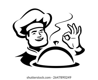 Cook in hat emblem. Happy chef and tray with lid. Symbol or emblem for restaurant or cafe menu. Vector illustration