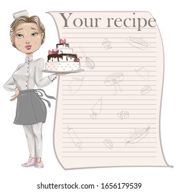 Сonfectioner In A Cook Hat Holding A Beautiful Wedding Cake. Vector Cartoon Character. Recipe Card Template For Cookbook