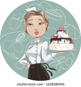 Сonfectioner in a cook hat holding a beautiful wedding cake. Vector cartoon character.