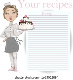 Сonfectioner In A Cook Hat Holding A Beautiful Wedding Cake. Vector Cartoon Character. Recipe Card Template For Cookbook