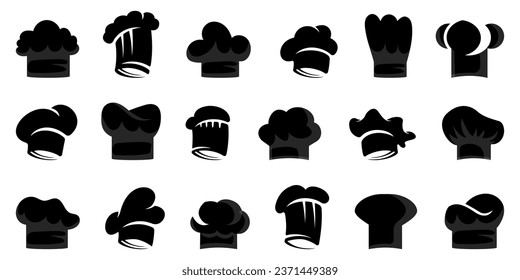 Cook hat icons. Set of different chef hat icons. Simple cook cap signs. Black chef cap icons