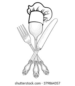 Cook hat over Spoon, Fork, Knife hand drawing sketch label. Cutlery icon collection.  Vector Catering outdoor events and restaurant service insignia. Restaurant symbol chef cook hat.