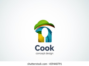 Cook hat with spoon logo template, cooking kitchen concept - geometric minimal style, created with overlapping curve elements and waves. Corporate identity emblem, abstract business company branding