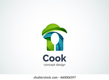Cook hat with spoon logo template, cooking kitchen concept - geometric minimal style, created with overlapping curve elements and waves. Corporate identity emblem, abstract business company branding