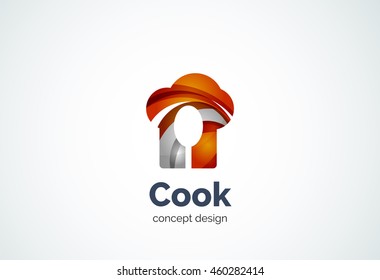 Sombrero de cocción con plantilla de logotipo de cuchara, concepto de cocina de cocción - estilo mínimo geométrico, creado con elementos de curva superpuestos y ondas. Emblema de identidad corporativa, marca abstracta de empresa