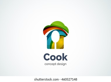 Cook hat with spoon logo template, cooking kitchen concept - geometric minimal style, created with overlapping curve elements and waves. Corporate identity emblem, abstract business company branding