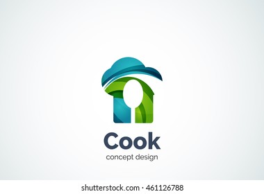 Kochmütze mit Löffellogo-Vorlage, Kochküchenkonzept - geometrischer Minimalstil, erstellt mit überlappenden Kurvenelementen und Wellen. Corporate Identity Emblem, abstraktes Markenzeichen eines Unternehmens