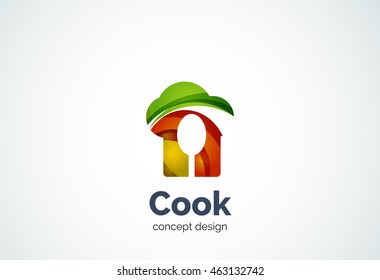 Cook hat with spoon logo template, cooking kitchen concept - geometric minimal style, created with overlapping curve elements and waves. Corporate identity emblem, abstract business company branding