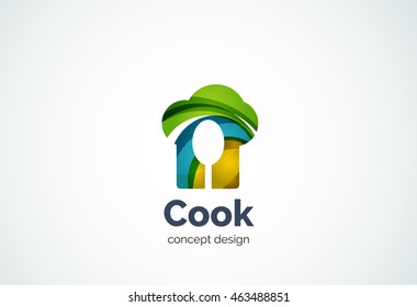 Sombrero de cocción con plantilla de logotipo de cuchara, concepto de cocina de cocción - estilo mínimo geométrico, creado con elementos de curva superpuestos y ondas. Emblema de identidad corporativa, marca abstracta de empresa