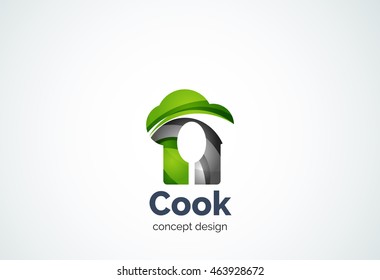 Kochmütze mit Löffellogo-Vorlage, Kochküchenkonzept - geometrischer Minimalstil, erstellt mit überlappenden Kurvenelementen und Wellen. Corporate Identity Emblem, abstraktes Markenzeichen eines Unternehmens