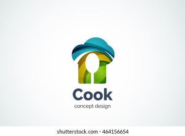 Cook hat with spoon logo template, cooking kitchen concept - geometric minimal style, created with overlapping curve elements and waves. Corporate identity emblem, abstract business company branding