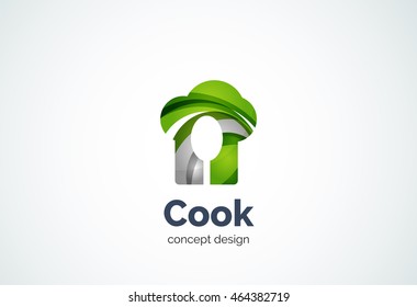 Sombrero de cocción con plantilla de logotipo de cuchara, concepto de cocina de cocción - estilo mínimo geométrico, creado con elementos de curva superpuestos y ondas. Emblema de identidad corporativa, marca abstracta de empresa