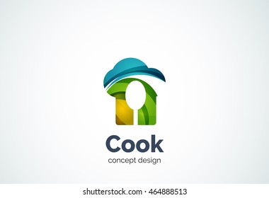 Kochmütze mit Löffellogo-Vorlage, Kochküchenkonzept - geometrischer Minimalstil, erstellt mit überlappenden Kurvenelementen und Wellen. Corporate Identity Emblem, abstraktes Markenzeichen eines Unternehmens