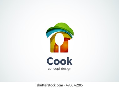 Cook hat with spoon logo template, cooking kitchen concept - geometric minimal style, created with overlapping curve elements and waves. Corporate identity emblem, abstract business company branding