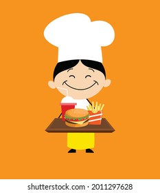 Ilustración de dibujos animados de vectores planos de la bandeja de comida rápida