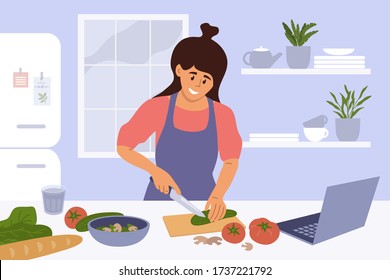 Cook healthy food at home. Cute girl cooking homemade meals in kitchen. Young woman watching culinary video blog or master class on laptop and cutting salad ingredients by recipe. Vector illustration.