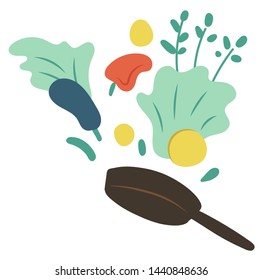 Cook hobby, frying pan with vegetables. Label decorated by bell pepper, zucchini and green, ingredients symbols, cookery decoration element, hobby vector