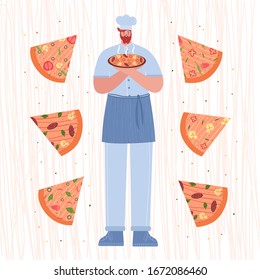 El cocinero sostiene pizza fresca. Ilustración vectorial de porciones de pizza.