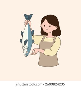 a cook holding a large fish. minimal line art vector illustration.