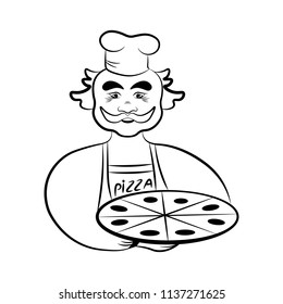 Cook holding a pizza in his hands